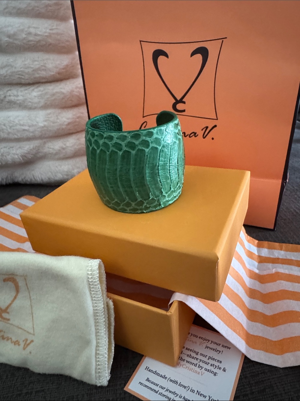 Green Snakeskin Leather Cuff Bracelet Cristina V.